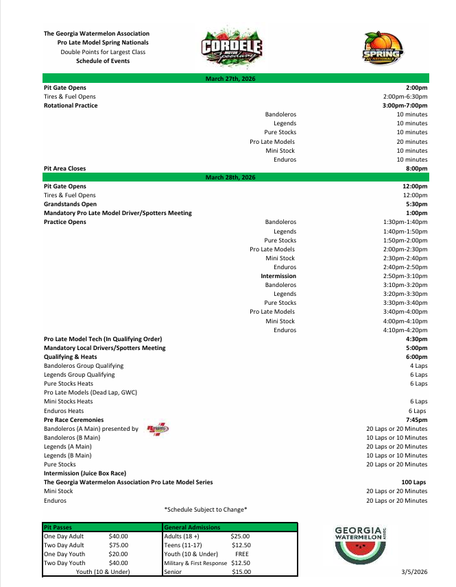 Georgia Pro Late Model Spring Nationals-Schedule