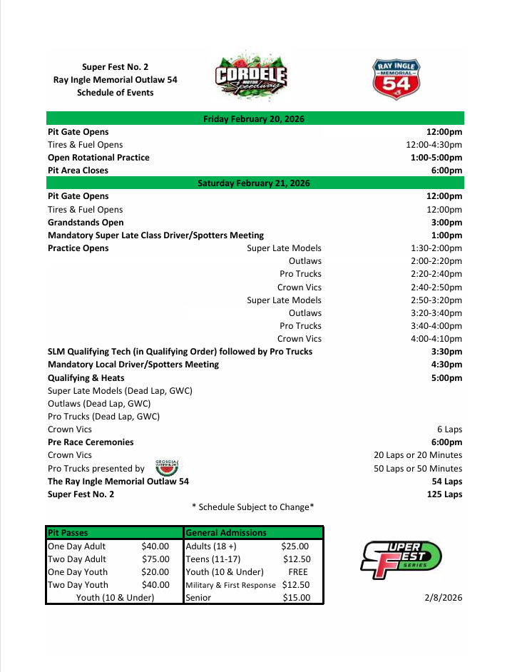 Super Fest No2. & Ray Ingle Memorial 54- Schedule